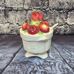 Vintage Lefton Quilt Ceramic Basket Apple Jam Jar with Spoon Made in Japan